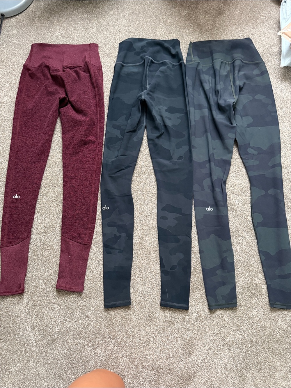 ALO Yoga Leggings — Burgundy & Green Camo Trio